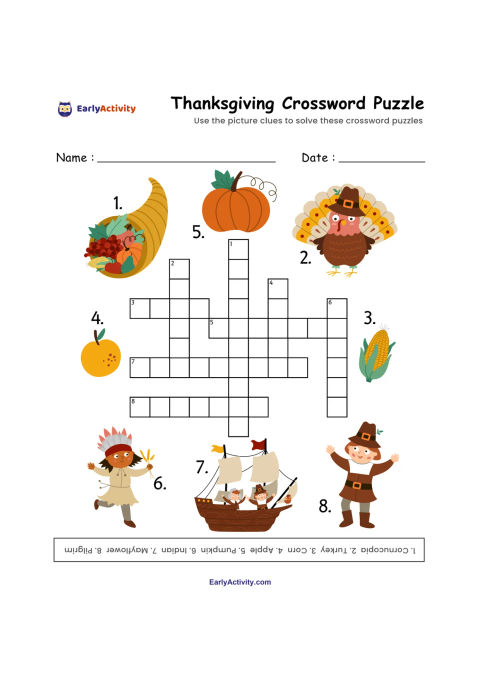 Worksheet with a Thanksgiving crossword grid and eight numbered pictures, including pumpkins, a turkey, corn, a scarecrow and a pilgrim.