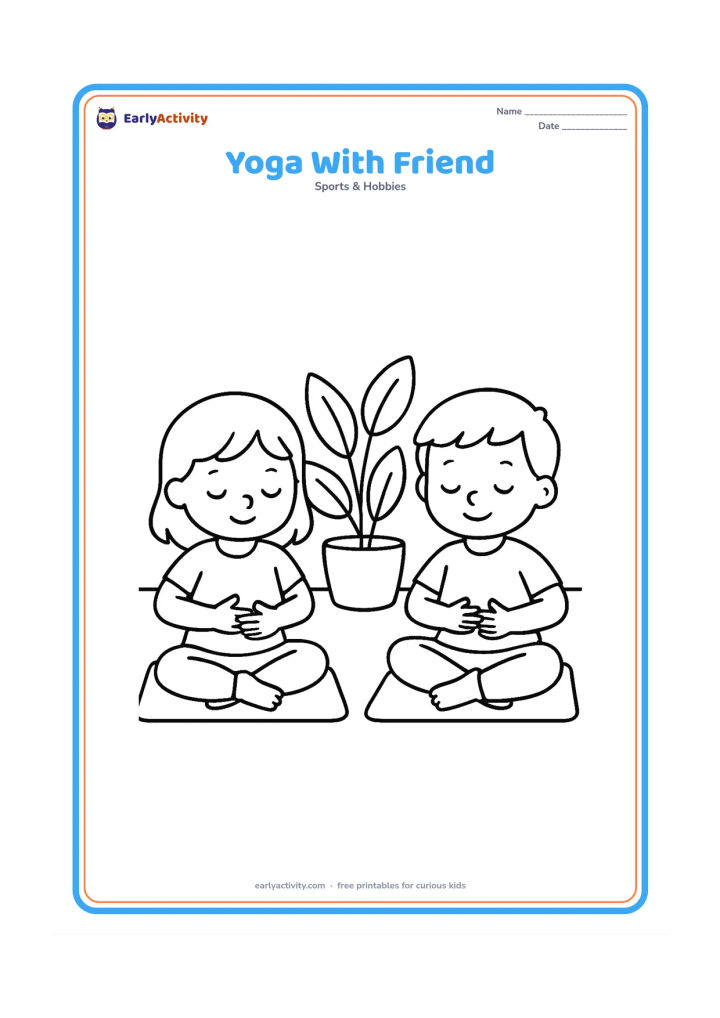 Colouring page: Two young children sit cross-legged on separate mats and copy a slow-breathing pose with hands on their tummies. Include one large leafy plant between them and a plain wall behind.