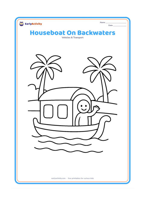 Colouring page: Draw a friendly houseboat travelling through calm Kerala backwaters, with a rounded roof, two windows, and one person waving from the deck. Add simple coconut trees along the bank.