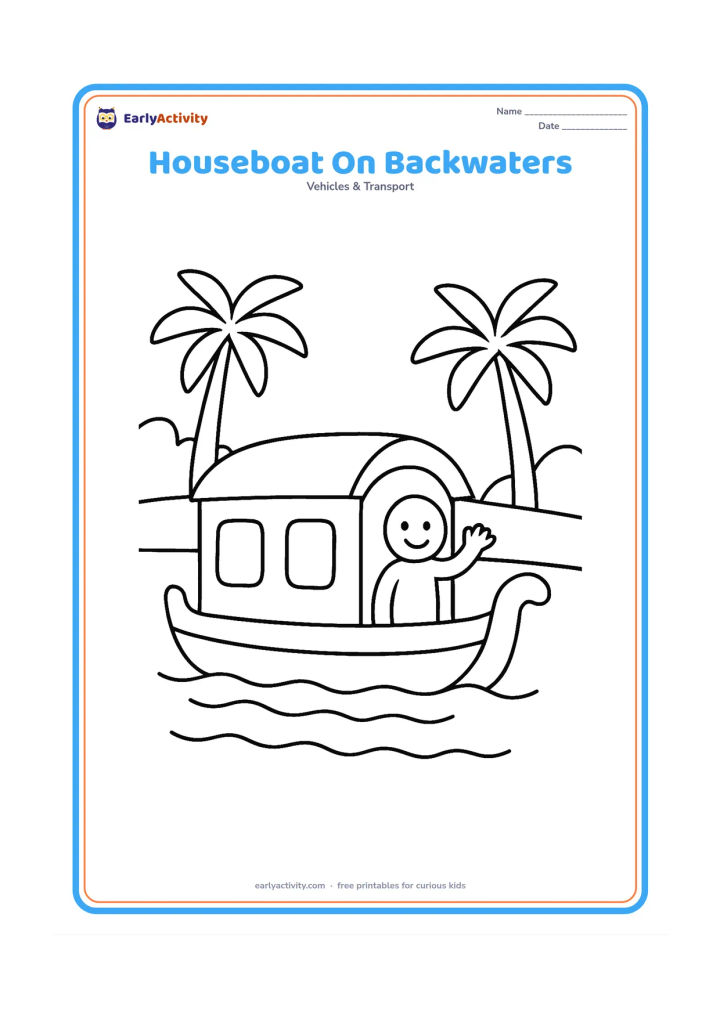 Colouring page: Draw a friendly houseboat travelling through calm Kerala backwaters, with a rounded roof, two windows, and one person waving from the deck. Add simple coconut trees along the bank.