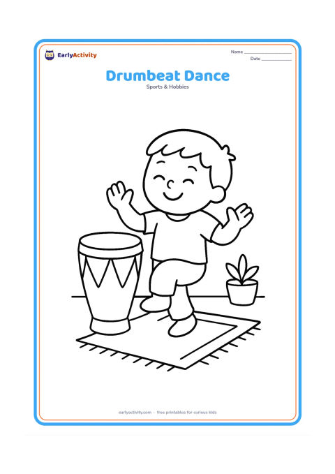 Colouring page: Draw one child dancing beside a large hand drum, with one knee lifted and both arms bent in a lively pose. Add a simple rug and a small plant in a home music corner.