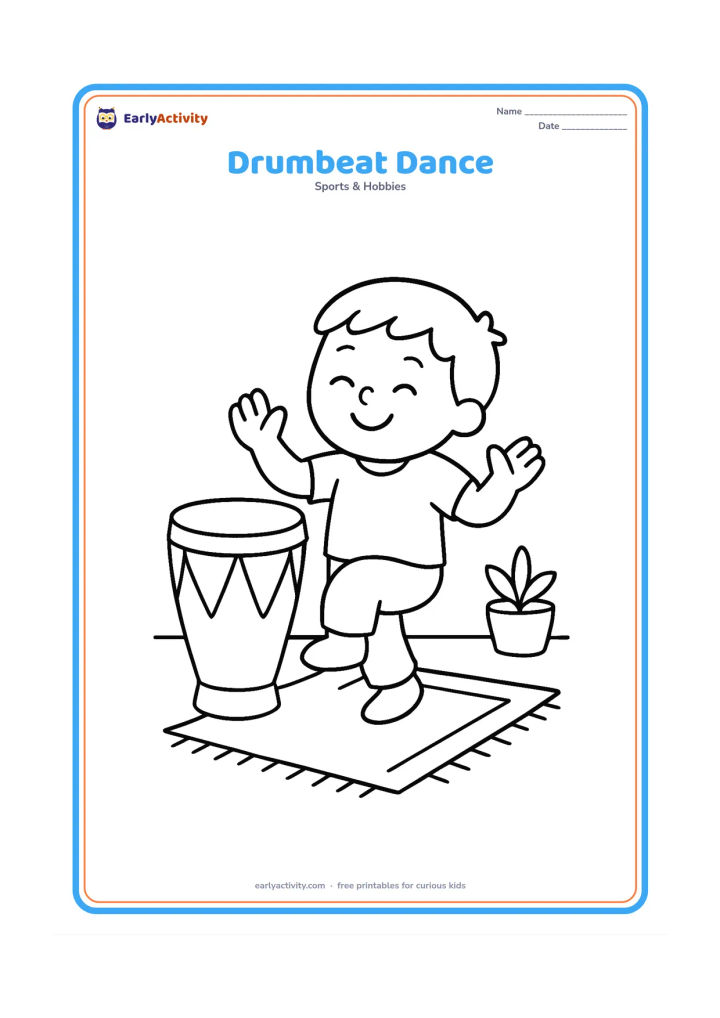 Colouring page: Draw one child dancing beside a large hand drum, with one knee lifted and both arms bent in a lively pose. Add a simple rug and a small plant in a home music corner.