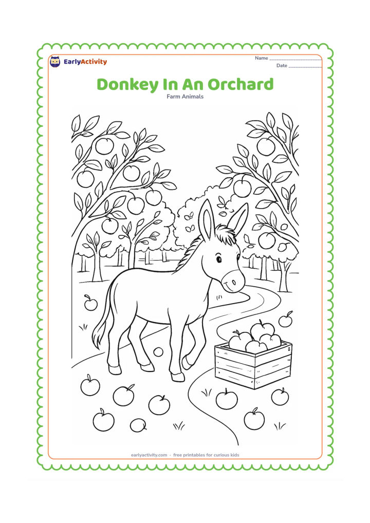 Colouring page: A donkey walks between rows of fruit trees in an orchard, with fallen fruit, a wooden crate and a winding path around its hooves. Show branches, leaves and fruit in varied but open clusters.