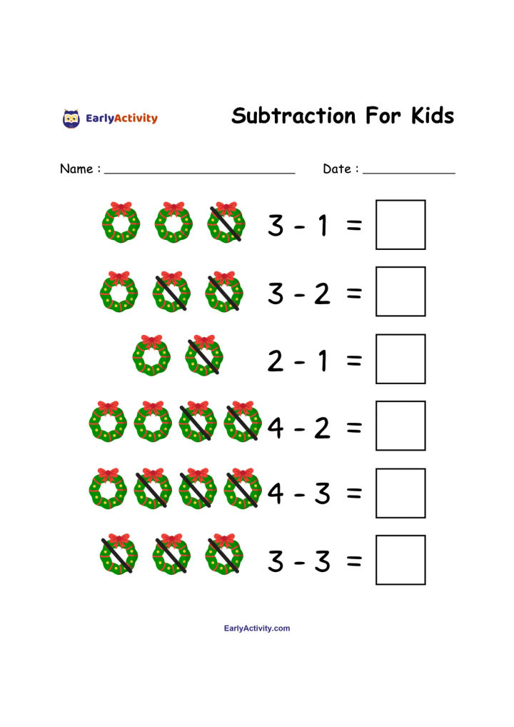 Worksheet showing six wreath subtraction problems with crossed-out wreaths and blank boxes for answers.