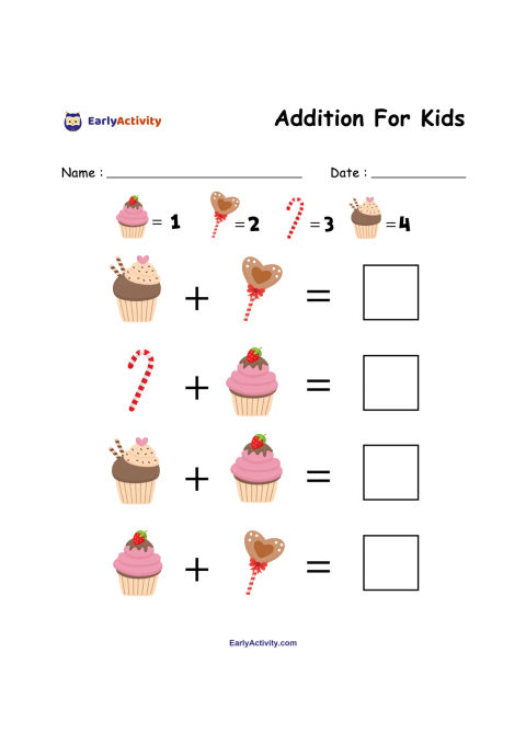 Worksheet showing four addition equations with cupcakes, lollipops and candy canes, plus answer boxes.