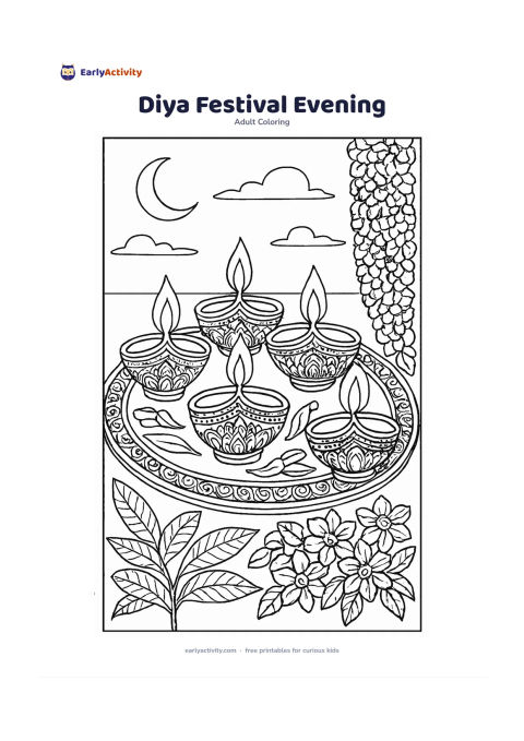Colouring page: Several small oil lamps sit on a decorated tray beside flower petals, mango leaves and a garland, with a calm evening sky and a crescent moon outside. Keep the flames simple and reserve…