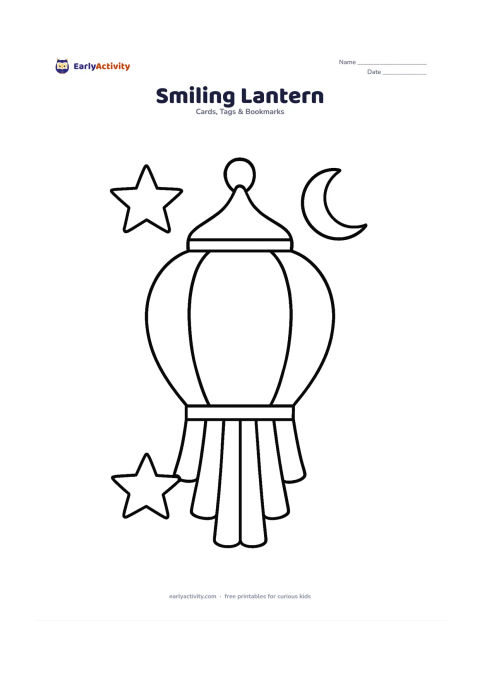 Worksheet: Draw a large hanging Diwali lantern with three broad panels, a curved top and chunky tassels at the bottom. Place two large stars and a crescent moon around it, leaving the lower half…