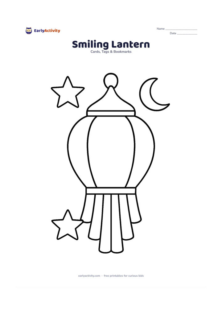Worksheet: Draw a large hanging Diwali lantern with three broad panels, a curved top and chunky tassels at the bottom. Place two large stars and a crescent moon around it, leaving the lower half…