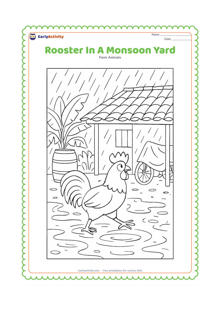 Colouring page: Draw a rooster stepping carefully through a puddled Indian farmyard during monsoon weather. Include a tiled roof, rainwater barrel, banana plants, a covered bicycle and ripples in the…