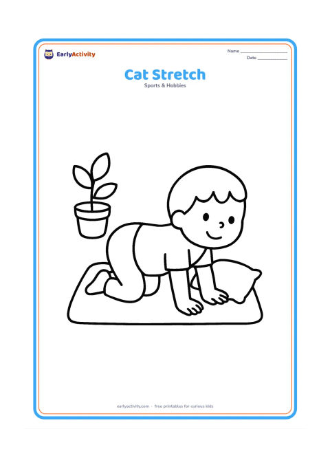 Colouring page: A child is on hands and knees, gently rounding the back like a cat. Include a simple indoor mat, one cushion and a small potted plant.