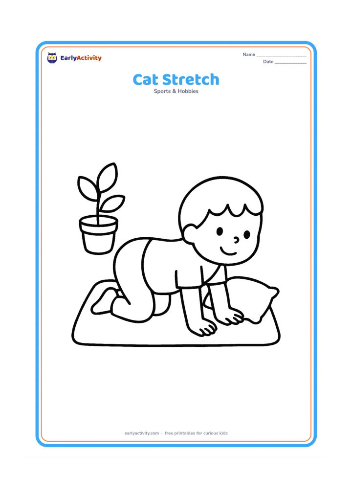 Colouring page: A child is on hands and knees, gently rounding the back like a cat. Include a simple indoor mat, one cushion and a small potted plant.