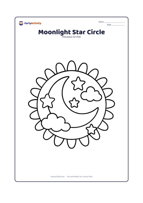 Colouring page: A circular night-themed mandala with a large crescent moon in the centre, broad five-point stars, rounded clouds, and simple curved rays repeated around it. Keep the mood peaceful rather…