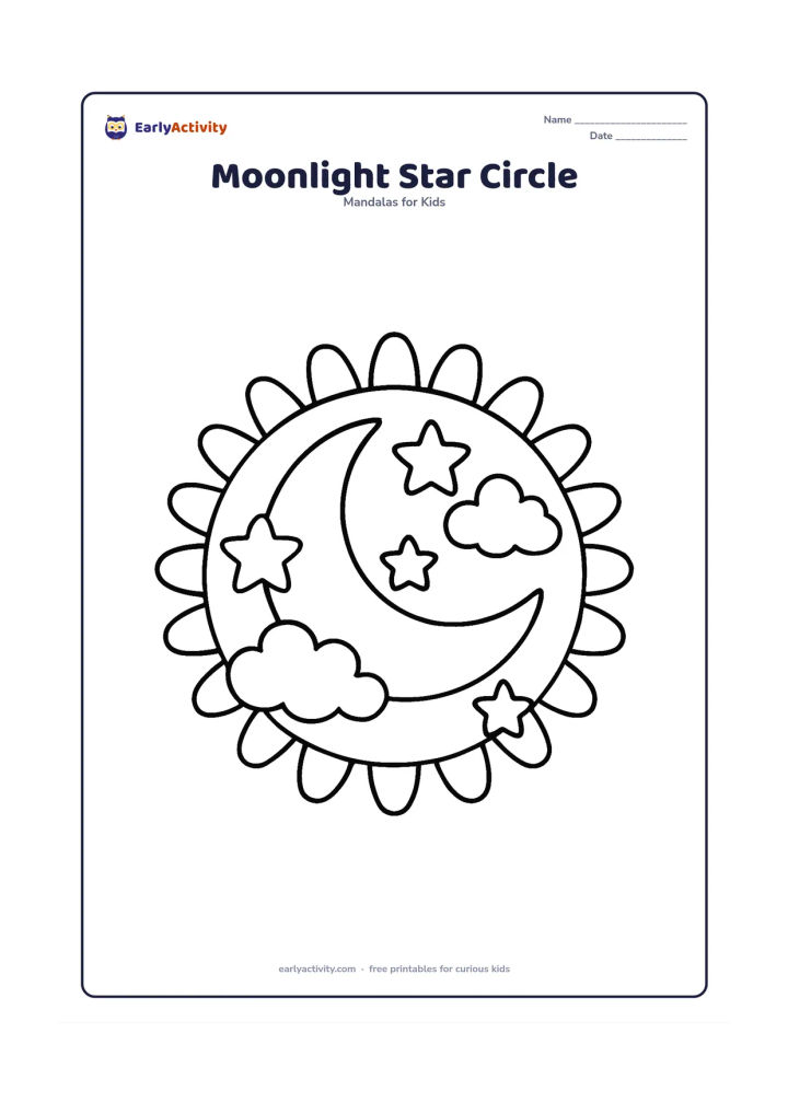 Colouring page: A circular night-themed mandala with a large crescent moon in the centre, broad five-point stars, rounded clouds, and simple curved rays repeated around it. Keep the mood peaceful rather…