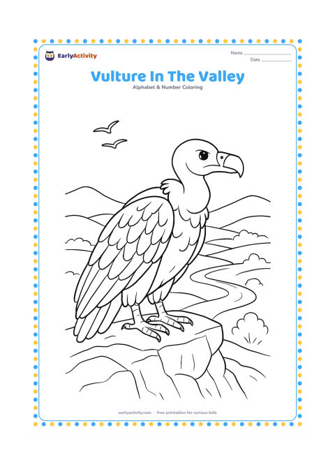 Colouring page: Draw a vulture standing on a rocky ledge above a peaceful valley, with distant hills, a winding river, and two birds flying far away. Show the vulture in side view with folded wings.