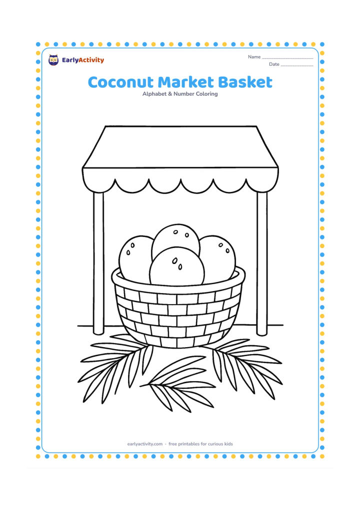 Colouring page: A woven basket holds several coconuts beside a simple Indian market stall canopy. Add a few loose palm leaves on the ground, but include no signs, labels or people.