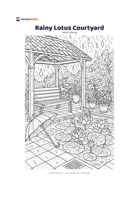 Colouring page: Draw a covered courtyard beside a lotus pond during rain, with an umbrella resting near a bench, water droplets on broad leaves and flowers arranged in clay pots. Include tiled flooring,…