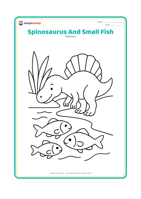 Colouring page: A Spinosaurus bends toward three large fish swimming in a shallow stream. Place broad reeds on one side and a smooth riverbank on the other, keeping the dinosaur fully visible.