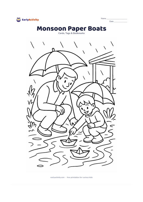 Worksheet: Draw a father and child crouching beside a rainwater stream to float paper boats, with umbrellas, puddles, leafy plants and a covered walkway. Leave the paper boats plain so children can…