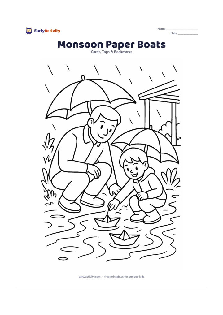 Worksheet: Draw a father and child crouching beside a rainwater stream to float paper boats, with umbrellas, puddles, leafy plants and a covered walkway. Leave the paper boats plain so children can…