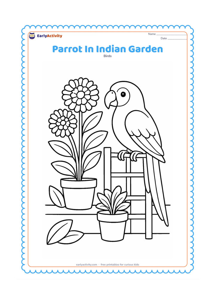 Colouring page: Draw a parrot perched on a garden trellis beside large marigold flowers, potted plants, and a simple low wall. Include a few broad leaves and a clear side view of the bird.
