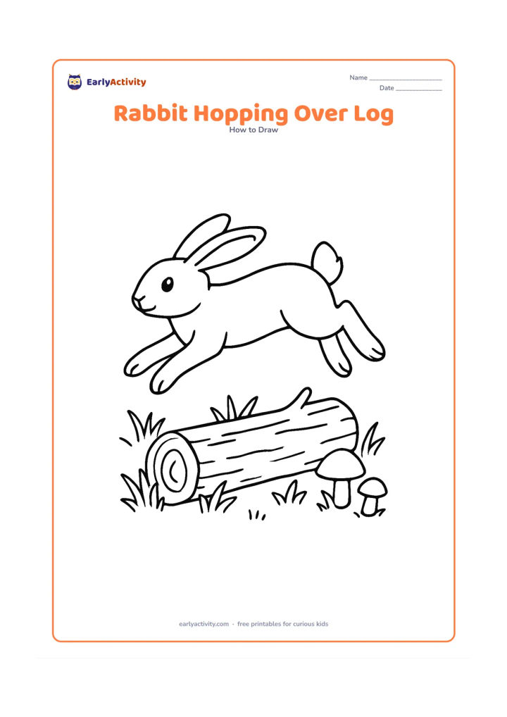 Worksheet: Show a rabbit leaping over a fallen log, with its body stretched, front paws extended, hind legs tucked, ears swept back and tail raised. Add woodland grass, small leaves and a few…
