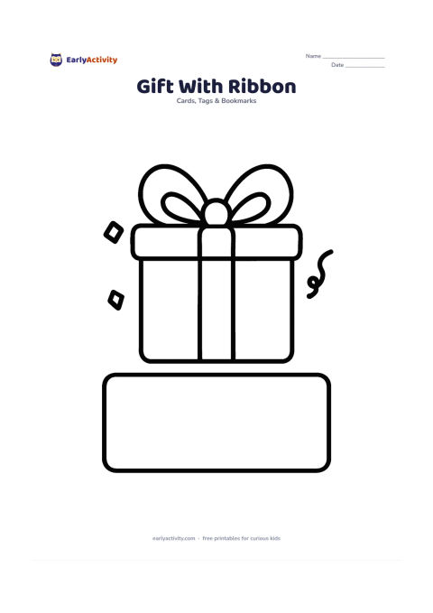 Worksheet: A large wrapped present with a rounded ribbon and bow sits at the centre, with a completely blank rectangular message panel below it. Add two small confetti shapes beside the gift,…