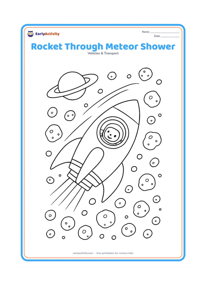 Colouring page: Draw a sturdy rocket steering safely through a field of small rounded meteoroids, with a friendly astronaut visible in the cockpit, a ringed planet and sweeping motion trails.