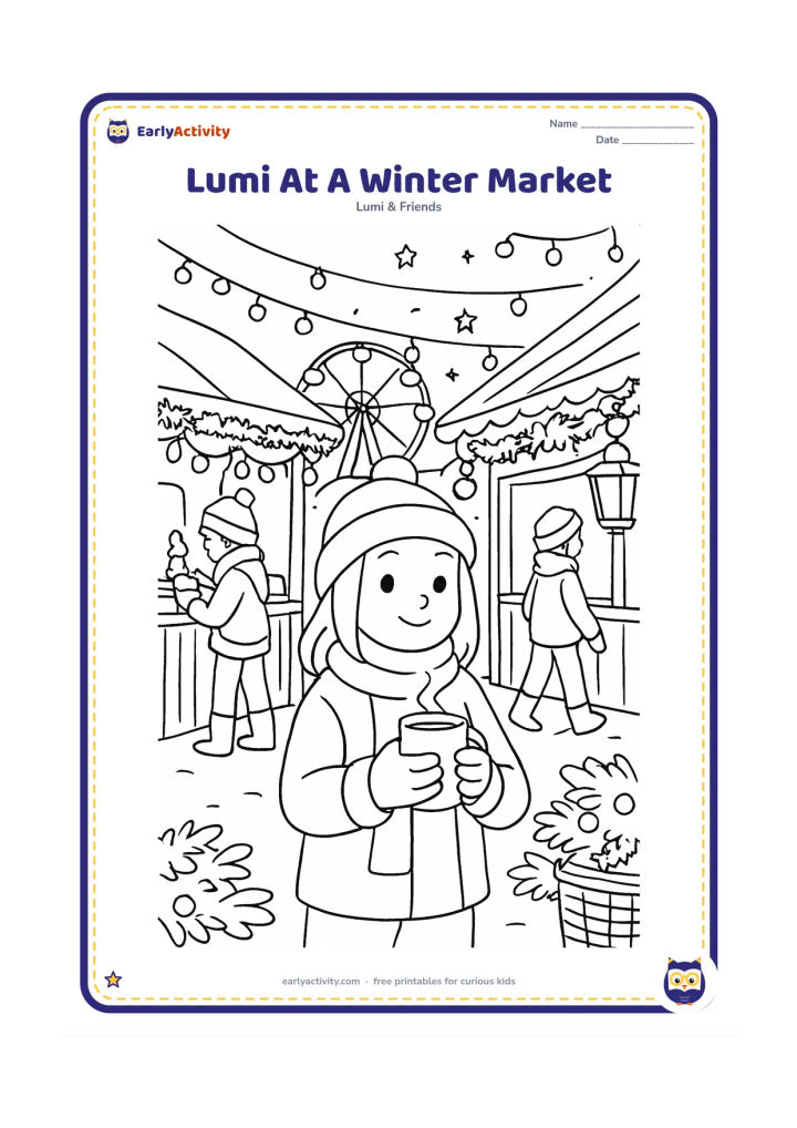 Colouring page: Lumi visits a cheerful winter festival market at evening, carrying a warm drink while friends browse decorated stalls. Show lights, scarves, baskets, evergreen branches, lanterns, a…