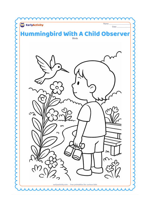 Colouring page: A child watches a hovering hummingbird from a garden path while holding binoculars at their side. Include flowering plants, a small bench and a distant hedge; show the child from behind…