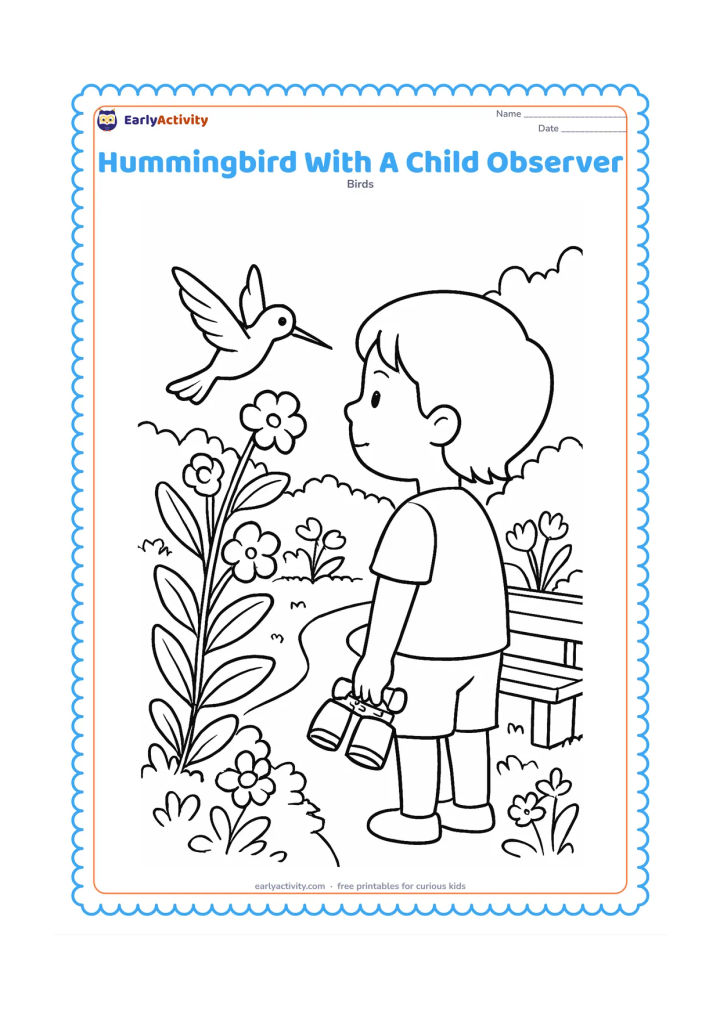 Colouring page: A child watches a hovering hummingbird from a garden path while holding binoculars at their side. Include flowering plants, a small bench and a distant hedge; show the child from behind…