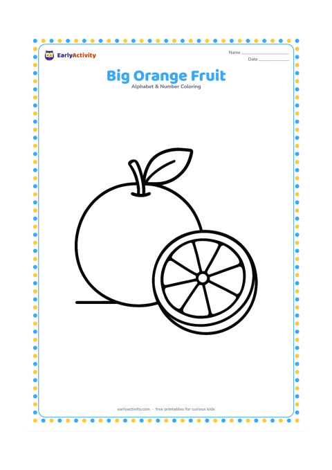 Colouring page: Draw one large round orange with a leafy stem and a single cut orange half beside it, resting on a simple tabletop. Leave broad open areas around both fruit shapes.