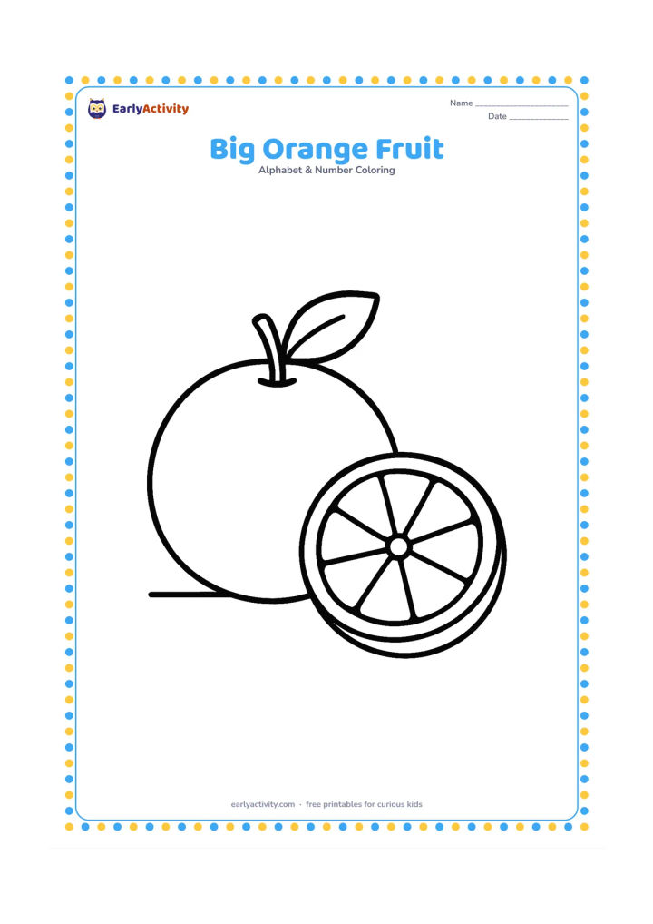 Colouring page: Draw one large round orange with a leafy stem and a single cut orange half beside it, resting on a simple tabletop. Leave broad open areas around both fruit shapes.