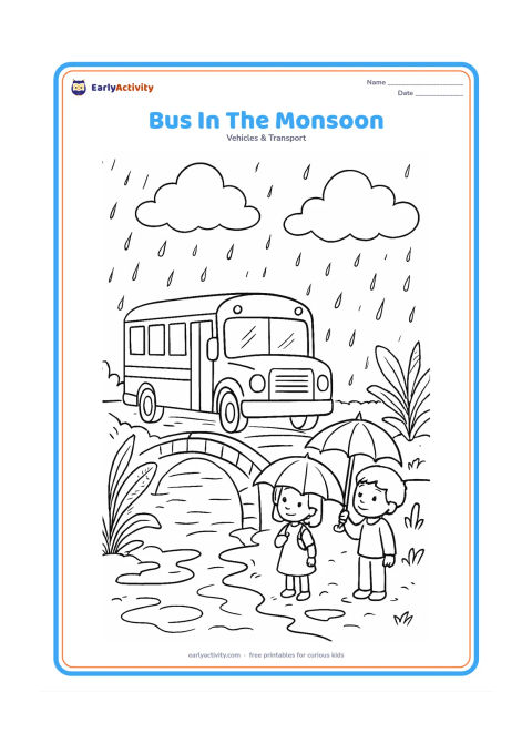 Colouring page: Draw a school bus crossing a small bridge during monsoon rain, with puddles, umbrellas held by two waiting children, banana plants, and a cloudy sky. Show the bus safely on the bridge.