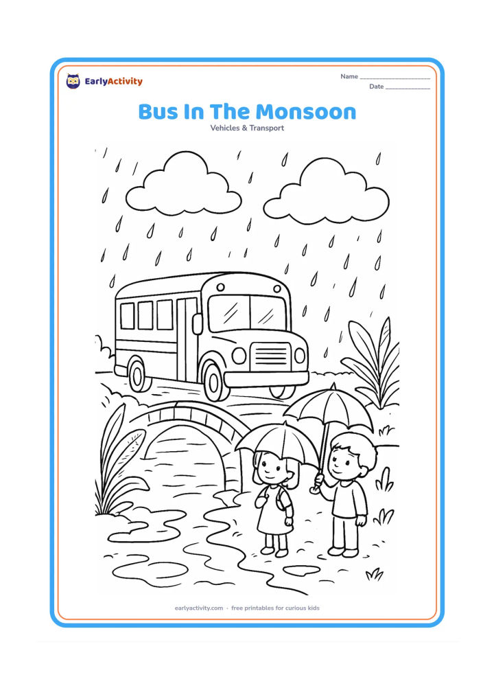 Colouring page: Draw a school bus crossing a small bridge during monsoon rain, with puddles, umbrellas held by two waiting children, banana plants, and a cloudy sky. Show the bus safely on the bridge.