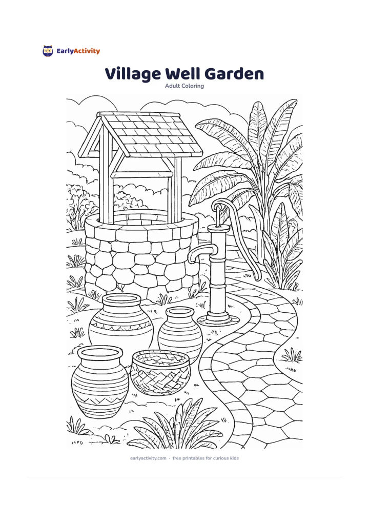 Colouring page: A stone well stands in a village garden beside a hand pump, clay pots, a woven basket, banana plants and a winding path. Separate the stonework, pot bands, basket weave, banana leaves…