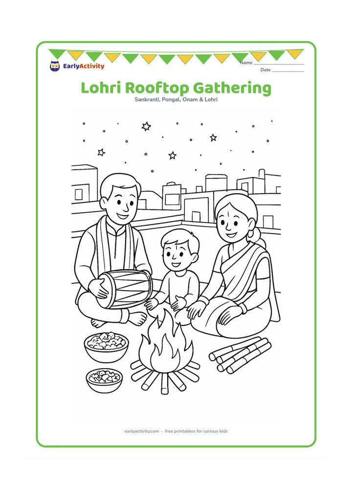 Colouring page: Draw three family members on a flat Indian rooftop around a contained bonfire, with a dhol, bowls of popcorn and peanuts, and sugarcane pieces. Show neighbouring rooftops, water tanks…