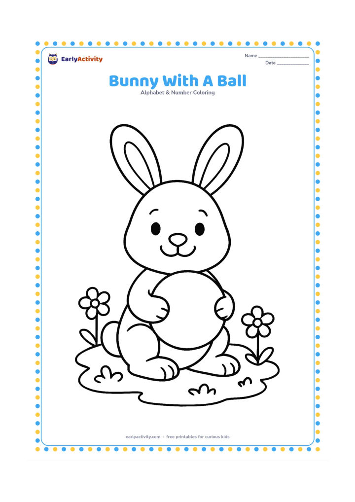 Colouring page: Draw a cheerful bunny sitting on grass and holding a large round ball between its paws. Include three simple flowers and a small patch of leafy ground.