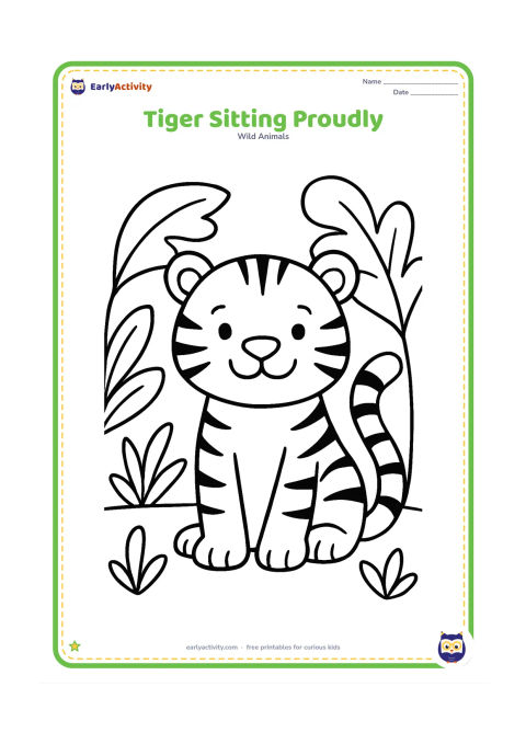 Colouring page: A friendly tiger sits facing forward with its tail curled beside its paws. Show large clear stripes, two leafy plants, and a few rounded jungle leaves behind it.