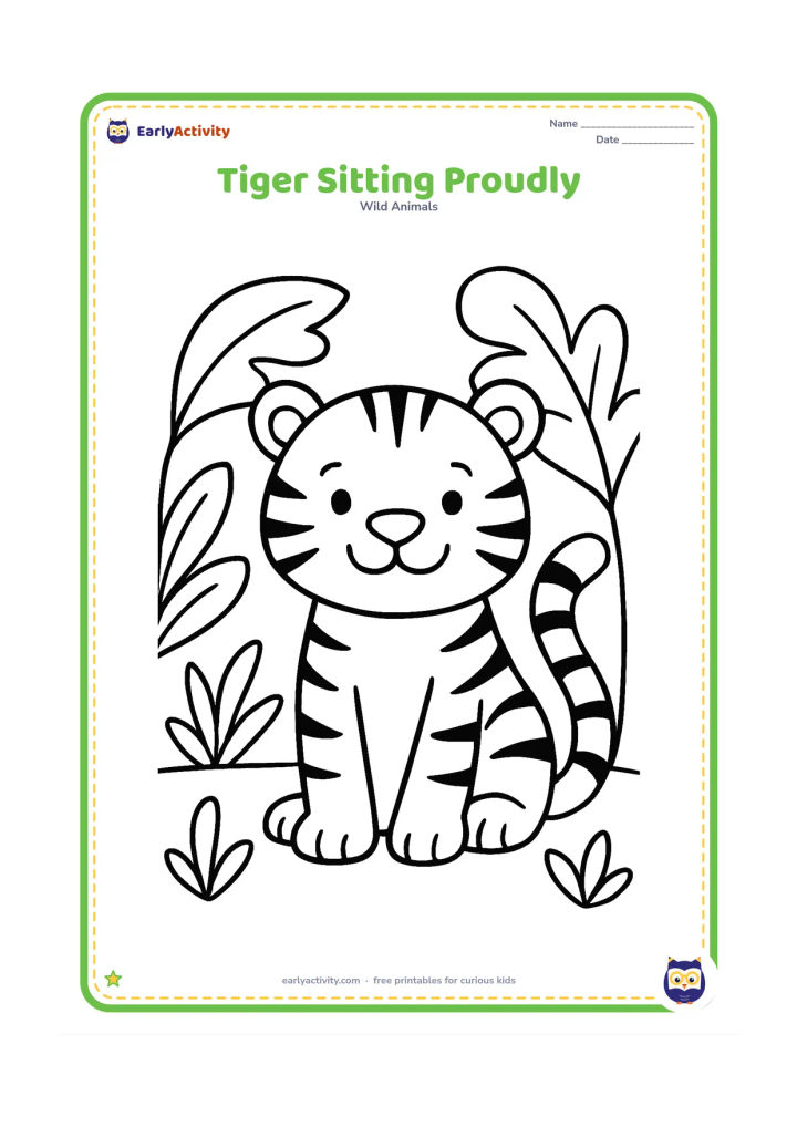 Colouring page: A friendly tiger sits facing forward with its tail curled beside its paws. Show large clear stripes, two leafy plants, and a few rounded jungle leaves behind it.