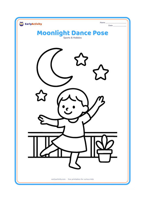 Colouring page: Draw one child holding a graceful dance pose beneath a large crescent moon and three rounded stars. Add a simple rooftop railing and a potted plant.