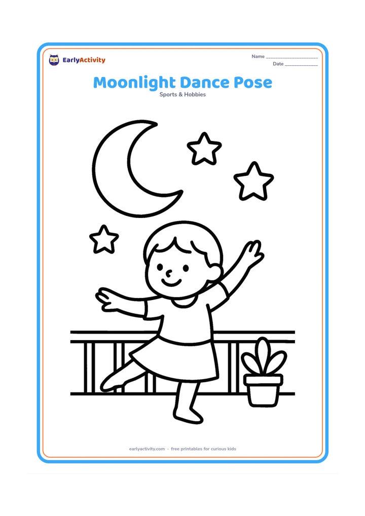 Colouring page: Draw one child holding a graceful dance pose beneath a large crescent moon and three rounded stars. Add a simple rooftop railing and a potted plant.