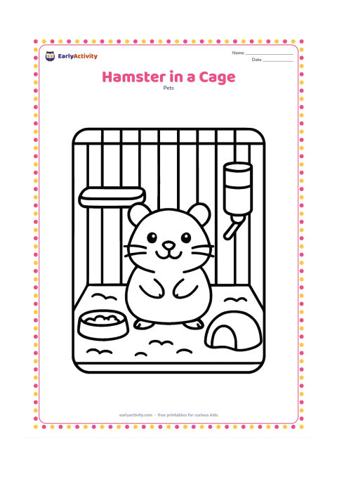 Colouring page: A cheerful hamster stands inside a roomy pet cage beside a food dish, water bottle and simple wooden platform. Include wide cage bars, a small hideaway and scattered bedding, with plenty…