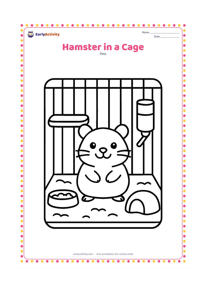 Colouring page: A cheerful hamster stands inside a roomy pet cage beside a food dish, water bottle and simple wooden platform. Include wide cage bars, a small hideaway and scattered bedding, with plenty…