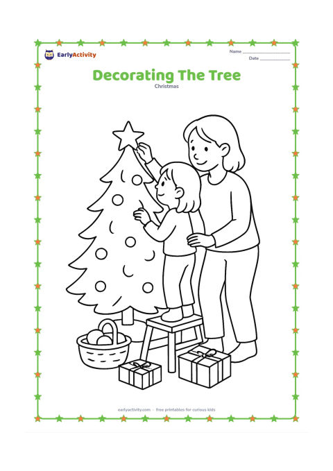 Colouring page: A child stands on a small step stool hanging a star ornament on a medium-sized Christmas tree while an adult steadies the stool. Add a basket of ornaments and several wrapped gifts on…