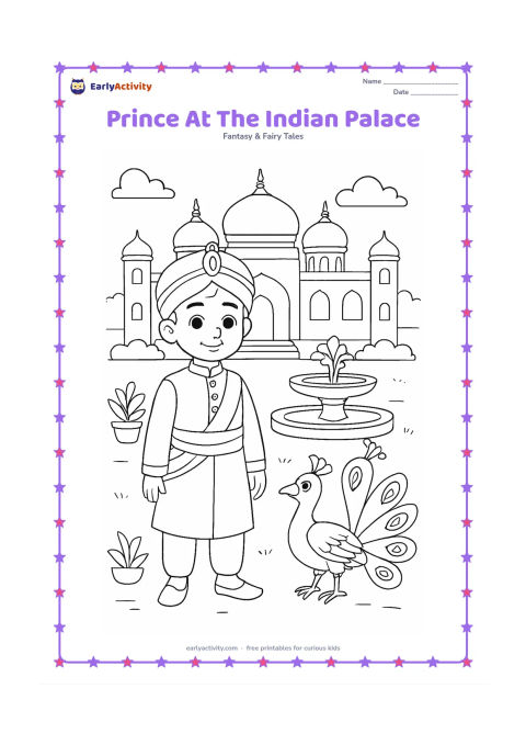 Colouring page: A smiling prince in a kurta-style royal outfit and sash stands before an Indian palace with domes, arches, and a courtyard fountain. Add potted plants and a friendly peacock nearby, with…