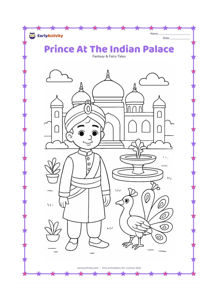 Colouring page: A smiling prince in a kurta-style royal outfit and sash stands before an Indian palace with domes, arches, and a courtyard fountain. Add potted plants and a friendly peacock nearby, with…