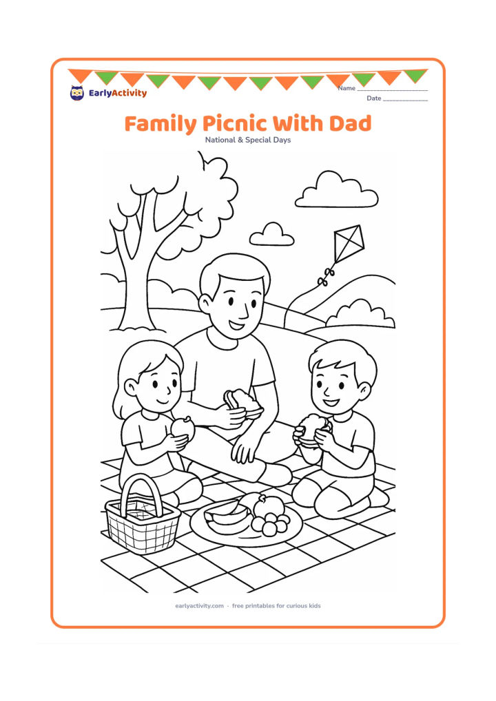 Colouring page: A father, child and sibling sit on a checked picnic blanket sharing fruit and sandwiches in a park. Include a basket, leafy tree, distant hills and a kite.