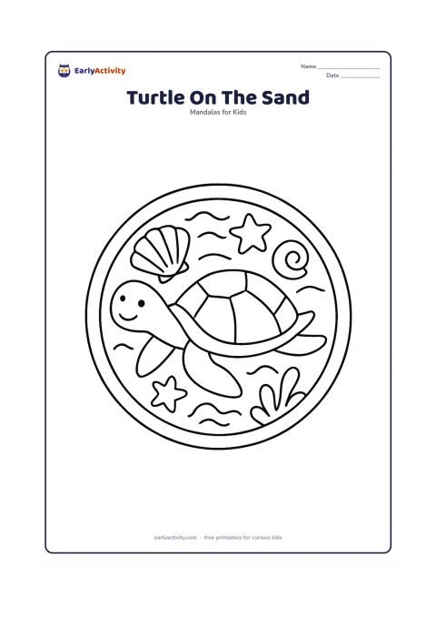 Colouring page: A smiling sea turtle crawls across the centre of a round mandala. Surround it with large shells, simple waves, star shapes and a few broad sea plants.