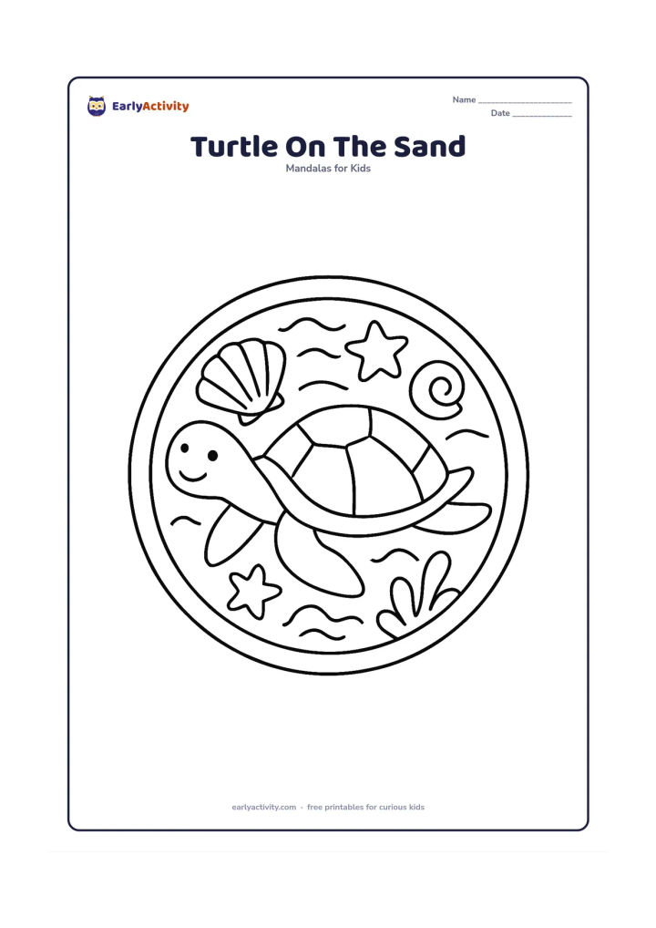 Colouring page: A smiling sea turtle crawls across the centre of a round mandala. Surround it with large shells, simple waves, star shapes and a few broad sea plants.