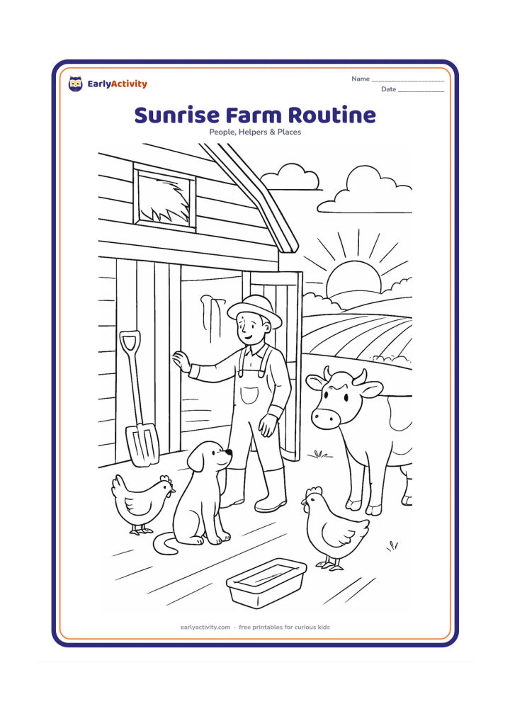 Colouring page: At sunrise, a farmer opens a barn door while a dog, hens, and a cow begin the morning outside. Include long shadows, a hayloft, stacked tools, a water trough, and distant crop fields.